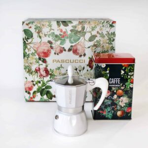 Combo floreale caffettiera bianca 2 tazze + caffè latta floreale