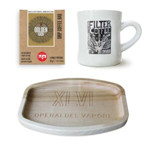 Combo Vassoio in legno XLVI + Mug “Filter coffee” + Drip coffee Golden sack